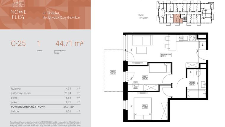 Rzut - Mieszkanie na sprzedaż 3 pokoje o powierzchni 44,71 m² - numer M25_NF.c w Nowe Flisy II