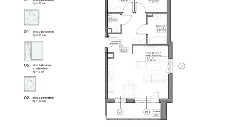 Rzut - Mieszkanie na sprzedaż 3 pokoje o powierzchni 65,17 m² - numer A.2.3.1 w Optima VIII
