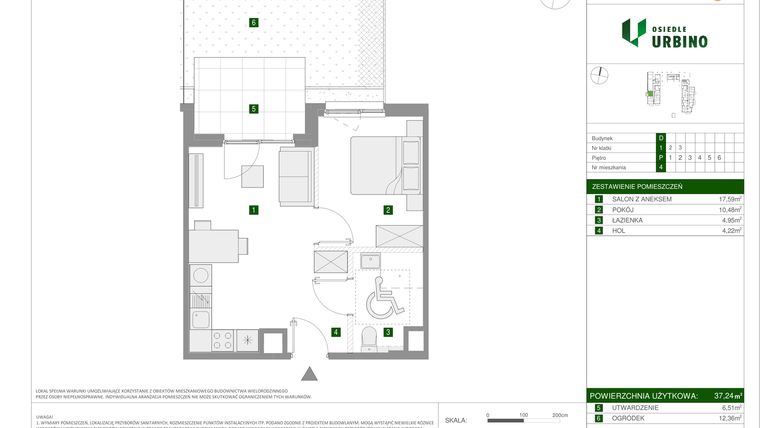 Rzut - Mieszkanie na sprzedaż 2 pokoje o powierzchni 37,24 m² - numer 4 w Osiedle Urbino etap 1.4