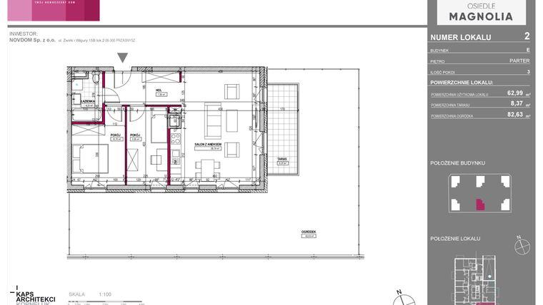 Rzut - Mieszkanie na sprzedaż 3 pokoje o powierzchni 62,99 m² - numer E2 w Osiedle Magnolia