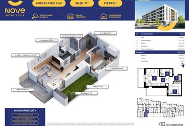 Rzut - Mieszkanie na sprzedaż 2 pokoje o powierzchni 36,87 m² - numer M42 w Nove Dobczyce