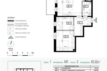 Rzut - Mieszkanie na sprzedaż 3 pokoje o powierzchni 65,92 m² - numer 5 w Kolarska Koncept