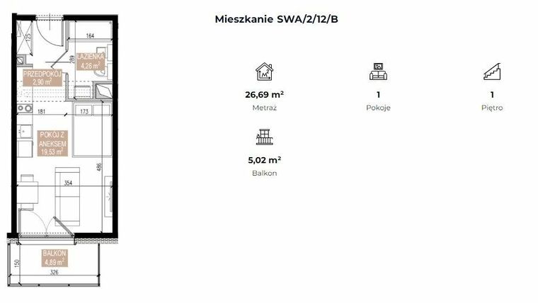 Rzut - Mieszkanie na sprzedaż 1 pokój o powierzchni 26,65 m² - numer SWA/2/12/B w Apartamenty Świeradowska