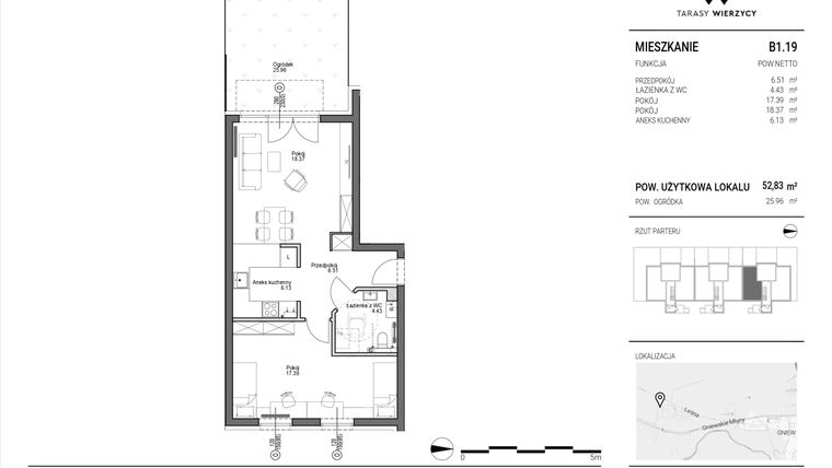 Rzut - Mieszkanie na sprzedaż 2 pokoje o powierzchni 52,83 m² - numer B1.19 w Tarasy Wierzycy