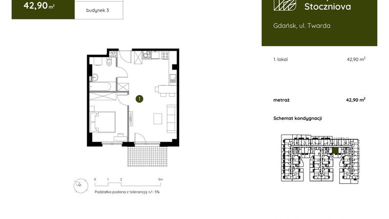 Rzut - Mieszkanie na sprzedaż 1 pokój o powierzchni 42,9 m² - numer 3.E.0.02 w Murapol Stoczniova