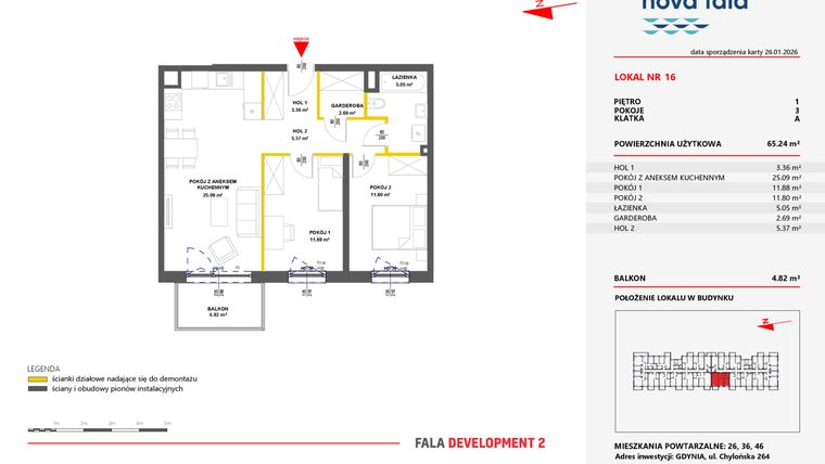 Rzut - Mieszkanie na sprzedaż 3 pokoje o powierzchni 65,13 m² - numer 16 w Miasteczko Nova Fala