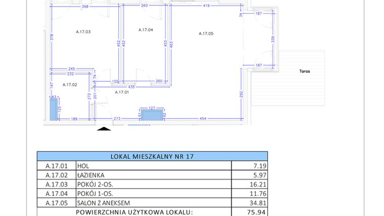 Rzut - Mieszkanie na sprzedaż 3 pokoje o powierzchni 75,73 m² - numer A.17 w Gaja Park