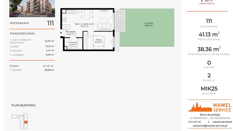 Rzut - Mieszkanie na sprzedaż 2 pokoje o powierzchni 41,13 m² - numer 111 w Mikusińskiego 25