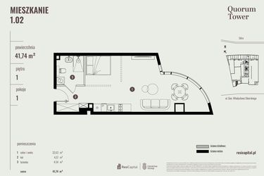 Rzut - Mieszkanie na sprzedaż 1 pokój o powierzchni 42,08 m² - numer 1.02 w Quorum Tower
