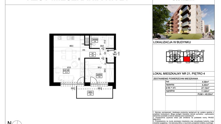 Rzut - Mieszkanie na sprzedaż 2 pokoje o powierzchni 49 m² - numer A.21 w Wólczańska 248 - etap II