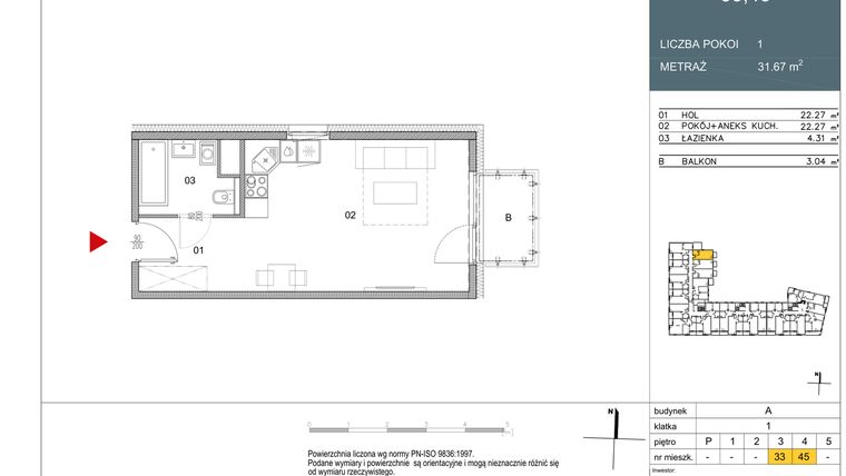 Rzut - Mieszkanie na sprzedaż 1 pokój o powierzchni 31,67 m² - numer 45 w Morwowa 5