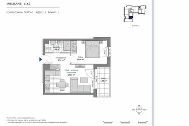 Rzut - Mieszkanie na sprzedaż 2 pokoje o powierzchni 38,07 m² - numer E.2.2 w Nowa Dąbrowa bud. DE