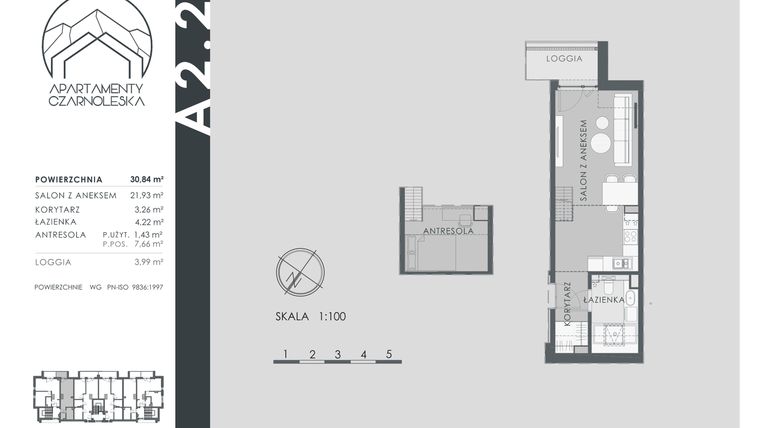 Rzut - Mieszkanie na sprzedaż 1 pokój o powierzchni 30,84 m² - numer A2.2 w Apartamenty Czarnoleska