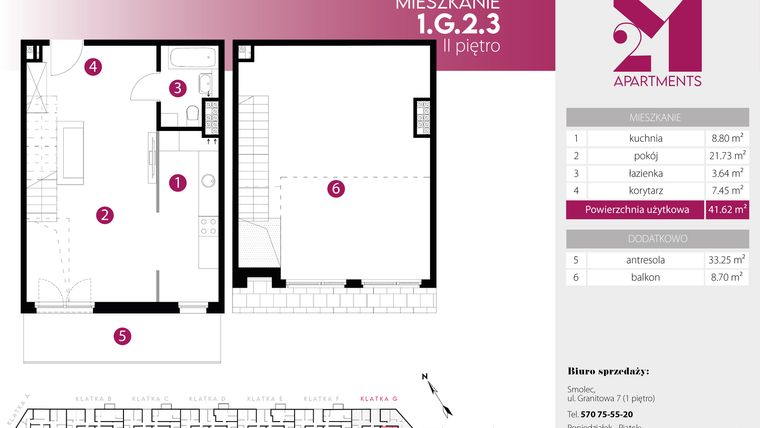 Rzut - Mieszkanie na sprzedaż 2 pokoje o powierzchni 74,87 m² - numer 1.G.2.3 w 2M Apartments etap IV