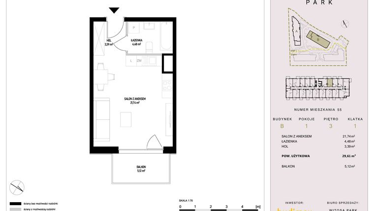 Rzut - Mieszkanie na sprzedaż 1 pokój o powierzchni 29,61 m² - numer B55 w Witosa Park
