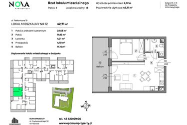 Rzut - Mieszkanie na sprzedaż 2 pokoje o powierzchni 42,71 m² - numer 12 w Nova Radiostacja