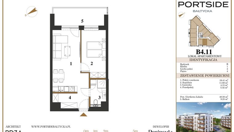 Rzut - Mieszkanie na sprzedaż 2 pokoje o powierzchni 40,56 m² - numer B4.11 w Portside Bałtycka