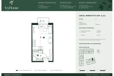 Rzut - Mieszkanie na sprzedaż 1 pokój o powierzchni 26,95 m² - numer C.2.2 w IVY HOUSE - Apartamenty inwestycyjne