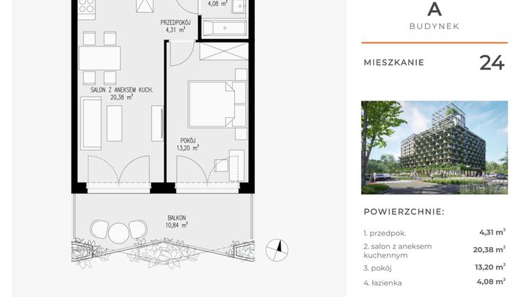 Rzut - Mieszkanie na sprzedaż 2 pokoje o powierzchni 41,97 m² - numer 24 w Semiramis