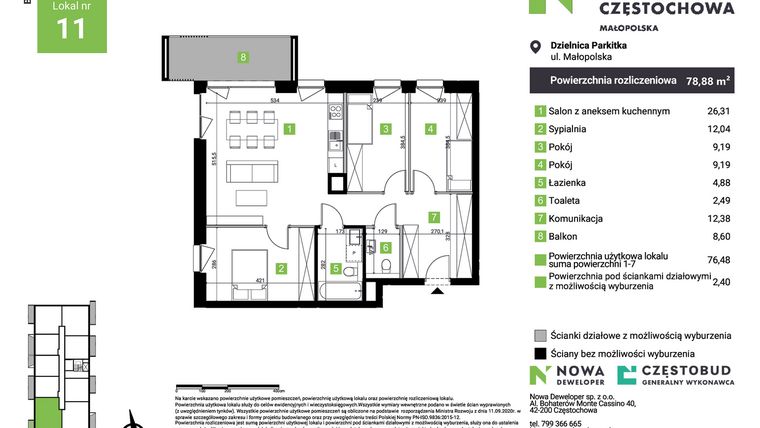 Rzut - Mieszkanie na sprzedaż 4 pokoje o powierzchni 78,88 m² - numer E11 w Nowa Częstochowa Małopolska etap II