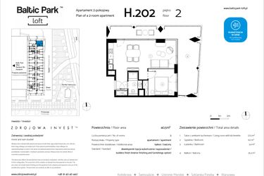 Rzut - Mieszkanie na sprzedaż 2 pokoje o powierzchni 40,5 m² - numer H.202 w Baltic Park Loft