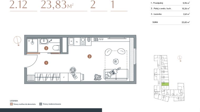 Rzut - Mieszkanie na sprzedaż 1 pokój o powierzchni 23,83 m² - numer 2.12 w Starowiejska 3