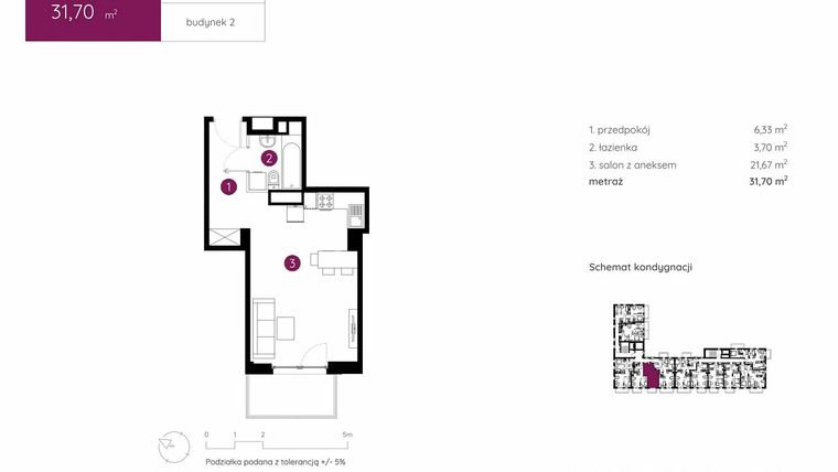 Rzut - Mieszkanie na sprzedaż 1 pokój o powierzchni 31,7 m² - numer 2.B.2.02 w Murapol Urcity