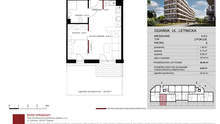 Rzut - Mieszkanie na sprzedaż 2 pokoje o powierzchni 35,35 m² - numer A.0.03 w Letnicka Residence