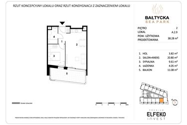 Rzut - Mieszkanie na sprzedaż 2 pokoje o powierzchni 38,28 m² - numer A.2.9 w Bałtycka Sea Park