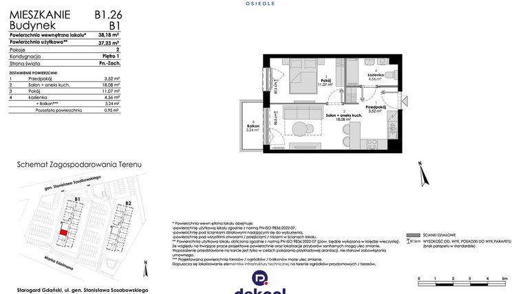 Rzut - Mieszkanie na sprzedaż 2 pokoje o powierzchni 37,23 m² - numer B1.26 w Osiedle Chabrowe