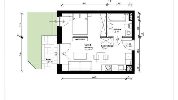 Rzut - Mieszkanie na sprzedaż 1 pokój o powierzchni 34,91 m² - numer B.0.01.1a w ATRIUM