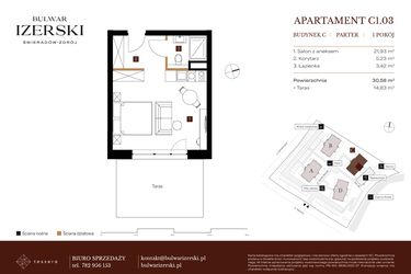 Rzut - Mieszkanie na sprzedaż 1 pokój o powierzchni 30,58 m² - numer C1.03 w Bulwar Izerski