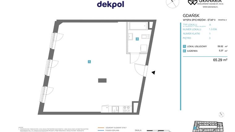 Rzut - Mieszkanie na sprzedaż 1 pokój o powierzchni 65,29 m² - numer 1.3.036 w Granaria