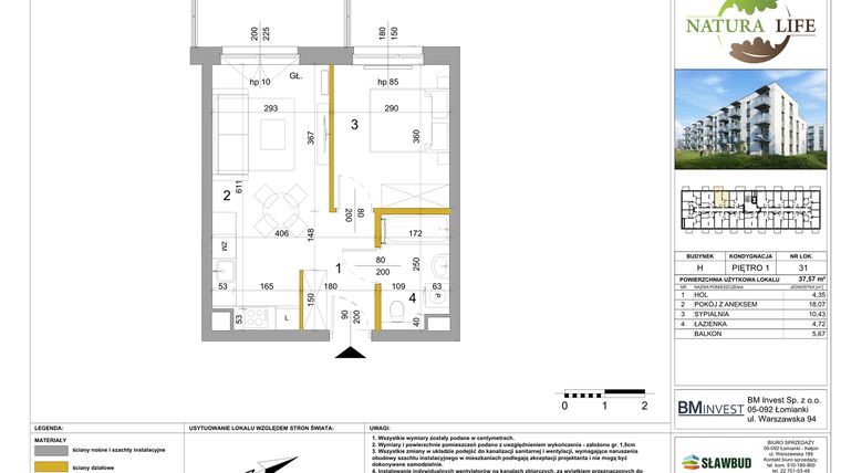 Rzut - Mieszkanie na sprzedaż 2 pokoje o powierzchni 37,47 m² - numer H.31 w Osiedle Natura Life budynki GHI