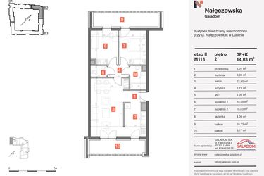 Rzut - Mieszkanie na sprzedaż 3 pokoje o powierzchni 64,03 m² - numer M-118 w Nałęczowska etap II