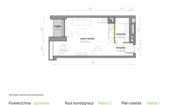 Rzut - Mieszkanie na sprzedaż 1 pokój o powierzchni 32,92 m² - numer K1/2/15 w Piękna Vita