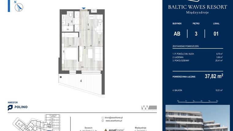 Rzut - Mieszkanie na sprzedaż 1 pokój o powierzchni 38,39 m² - numer AB.3.01 w Baltic Waves