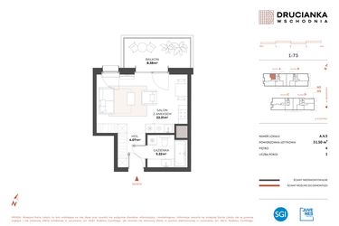 Rzut - Mieszkanie na sprzedaż 1 pokój o powierzchni 31,5 m² - numer A.4.5 w Drucianka Wschodnia