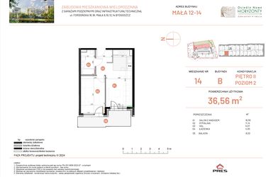 Rzut - Mieszkanie na sprzedaż 2 pokoje o powierzchni 36,56 m² - numer 12.14 w Osiedle Nowe Horyzonty etap III