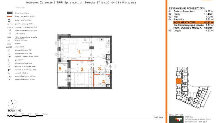 Rzut - Mieszkanie na sprzedaż 2 pokoje o powierzchni 40,87 m² - numer 44 w Zarzecze II Pruszków