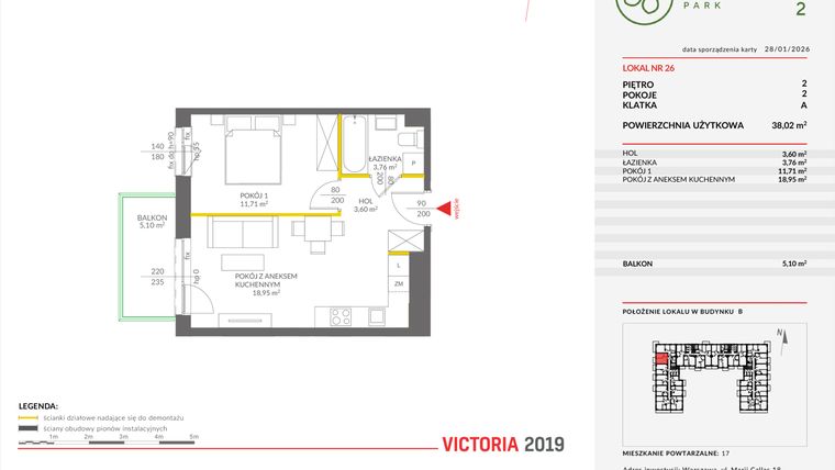 Rzut - Mieszkanie na sprzedaż 2 pokoje o powierzchni 38,01 m² - numer B.26 w Olchowy Park II