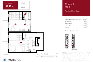 Rzut - Mieszkanie na sprzedaż 1 pokój o powierzchni 87,99 m² - numer 3.A.2.07 w Murapol Helio