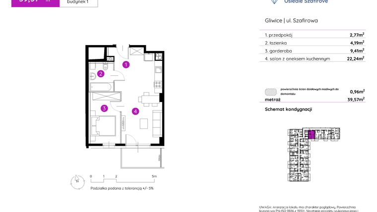 Rzut - Mieszkanie na sprzedaż 1 pokój o powierzchni 39,57 m² - numer 1.A.4.16 w Murapol Osiedle Szafirove II