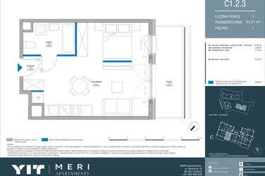 Rzut - Mieszkanie na sprzedaż 1 pokój o powierzchni 34,21 m² - numer C.1.2.3 w Meri Apartamenty