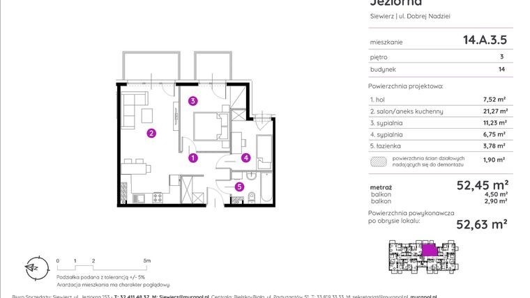 Rzut - Mieszkanie na sprzedaż 3 pokoje o powierzchni 52,63 m² - numer 14.A.3.5 w Murapol Siewierz Jeziorna
