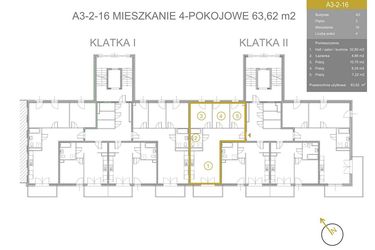 Rzut - Mieszkanie na sprzedaż 4 pokoje o powierzchni 63,62 m² - numer A3-2-16 w Vidok Residence - etap III