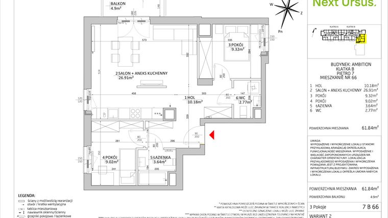Rzut - Mieszkanie na sprzedaż 3 pokoje o powierzchni 61,86 m² - numer AM/7 B 66 w Next Ursus