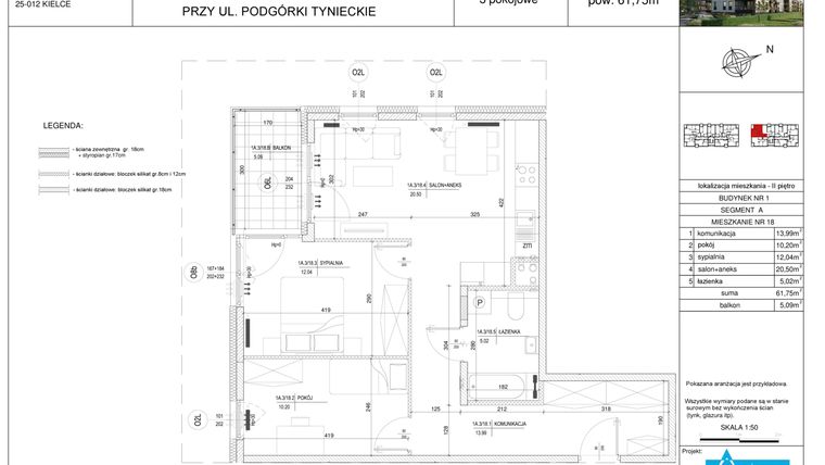 Rzut - Mieszkanie na sprzedaż 3 pokoje o powierzchni 61,75 m² - numer A18 w Podgórki Tynieckie