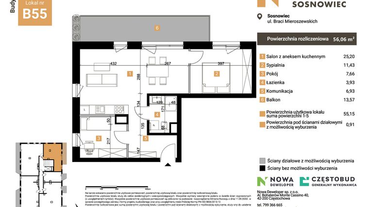 Rzut - Mieszkanie na sprzedaż 3 pokoje o powierzchni 56,06 m² - numer B55 w Nowy Sosnowiec