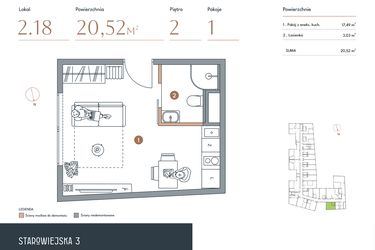 Rzut - Mieszkanie na sprzedaż 1 pokój o powierzchni 20,52 m² - numer 2.18 w Starowiejska 3